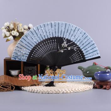 Traditional Chinese Crafts Hand Painted Plum Blossom Blue Silk Folding Fan China Oriental Fans for Women