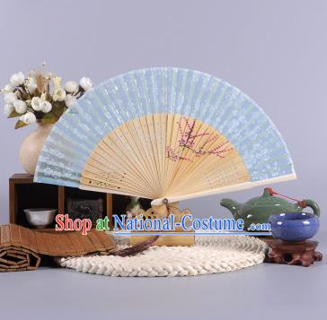 Traditional Chinese Crafts Hand Painted Wintersweet Blue Silk Folding Fan China Oriental Fans for Women