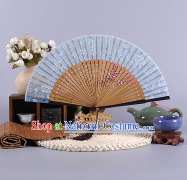 Traditional Chinese Crafts Hand Painted Wintersweet Deep Blue Silk Folding Fan China Oriental Fans for Women