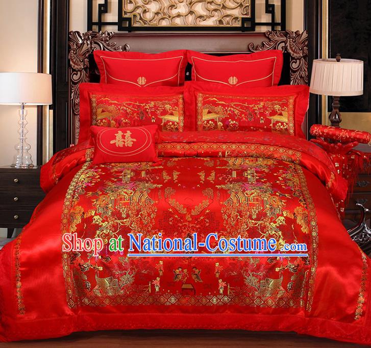 Traditional Asian Chinese Wedding Red Satin Qulit Cover Embroidered Hundred Children Bedding Sheet Four-piece Duvet Cover Textile Complete Set