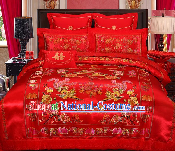 Traditional Chinese Wedding Red Satin Qulit Cover Embroidered Phoenix Peony Bedding Sheet Four-piece Duvet Cover Textile Complete Set