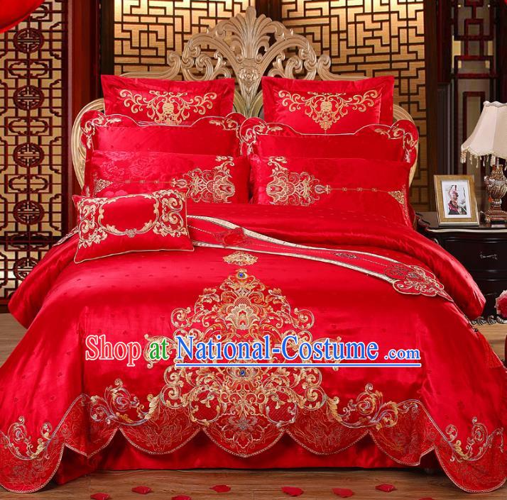 Traditional Chinese Wedding Red Satin Qulit Cover Embroidered Bedding Sheet Ten-piece Duvet Cover Textile Complete Set