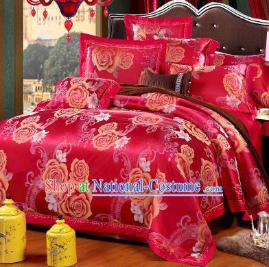 Traditional Chinese Wedding Red Satin Qulit Cover Printing Rose Bedding Sheet Four-piece Duvet Cover Textile Complete Set