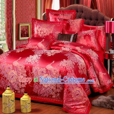 Traditional Chinese Wedding Red Satin Qulit Cover Printing Peacock Bedding Sheet Four-piece Duvet Cover Textile Complete Set