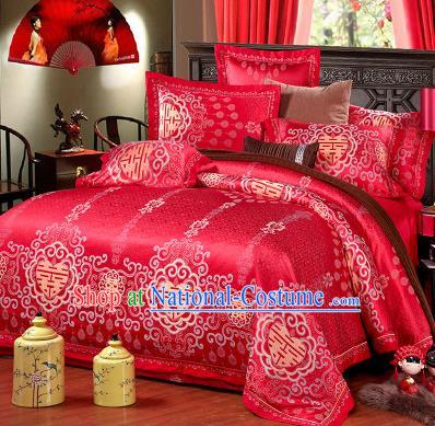 Traditional Chinese Wedding Red Satin Qulit Cover Printing Bedding Sheet Four-piece Duvet Cover Textile Complete Set