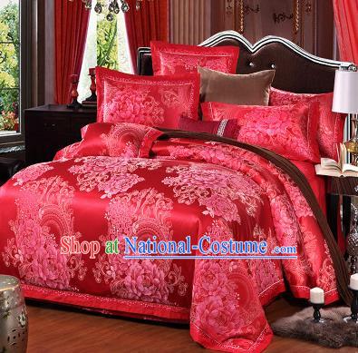 Traditional Chinese Wedding Red Satin Qulit Cover Printing Peony Bedding Sheet Four-piece Duvet Cover Textile Complete Set