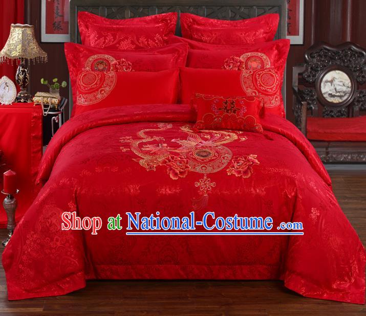 Traditional Chinese Wedding Red Satin Qulit Cover Printing Dragon Phoenix Bedding Sheet Four-piece Duvet Cover Textile Complete Set