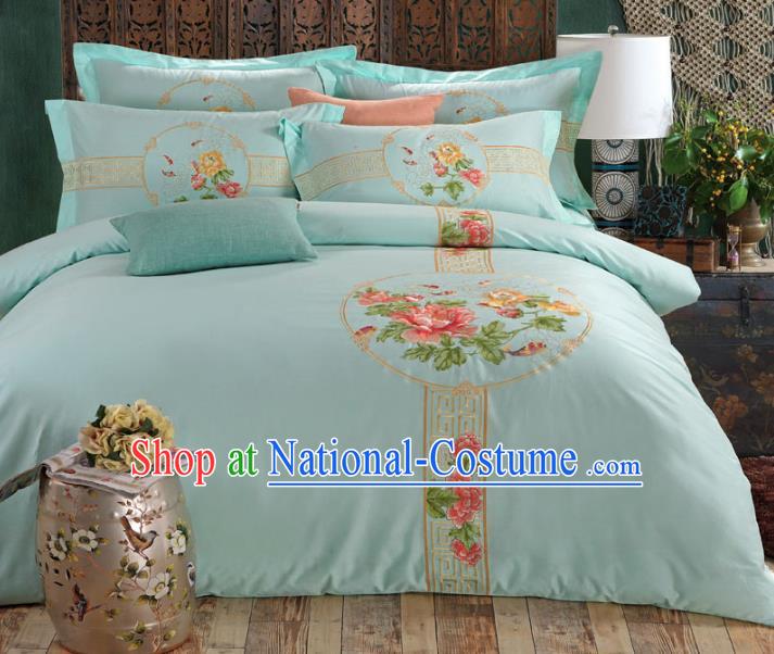 Traditional Chinese Wedding Blue Qulit Cover Embroidered Peony Bedding Sheet Four-piece Duvet Cover Textile Complete Set