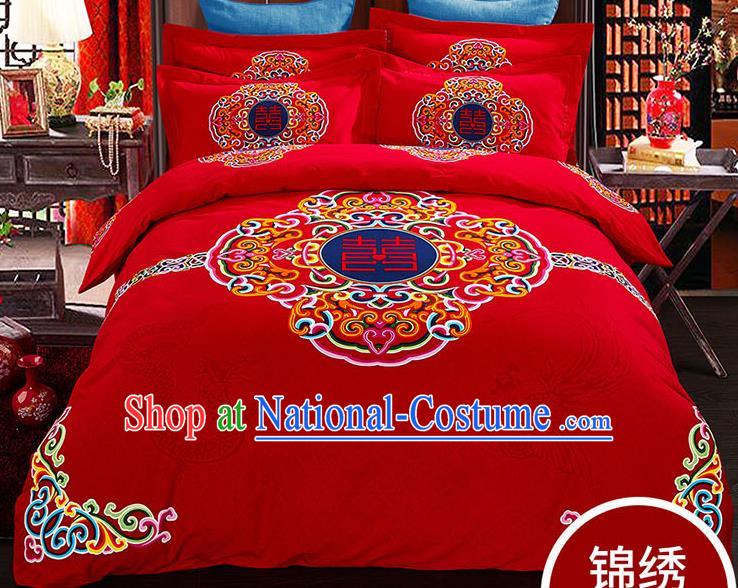 Traditional Chinese Wedding Red Qulit Cover Printing Bedding Sheet Four-piece Duvet Cover Textile Complete Set