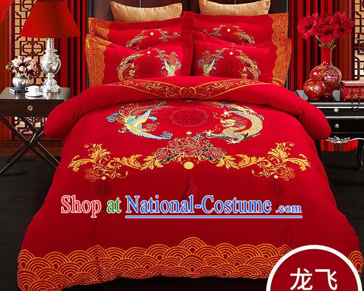 Traditional Chinese Wedding Red Qulit Cover Printing Dragon Phoenix Bedding Sheet Four-piece Duvet Cover Textile Complete Set