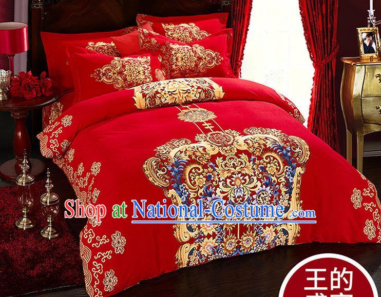 Traditional Chinese Wedding Red Qulit Cover Printing Bedding Sheet Four-piece Duvet Cover Textile Complete Set