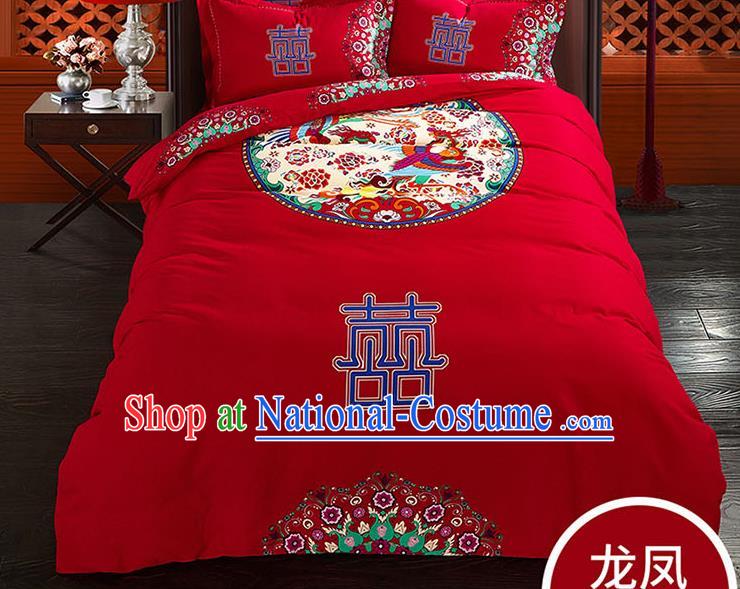 Traditional Chinese Wedding Red Qulit Cover Printing Mandarin Duck Bedding Sheet Four-piece Duvet Cover Textile Complete Set