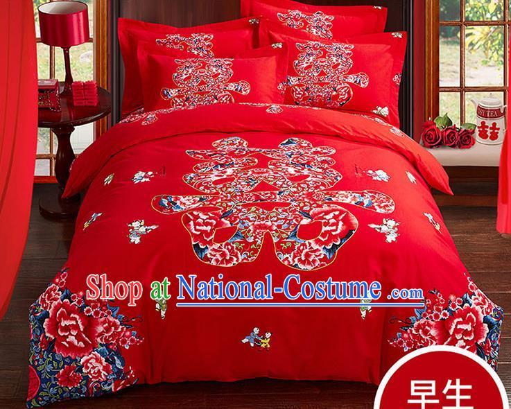 Traditional Chinese Wedding Red Qulit Cover Printing Peony Bedding Sheet Four-piece Duvet Cover Textile Complete Set