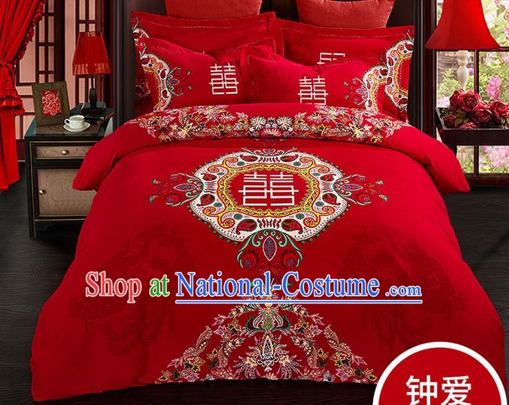 Traditional Chinese Wedding Red Qulit Cover Printing Bedding Sheet Four-piece Duvet Cover Textile Complete Set