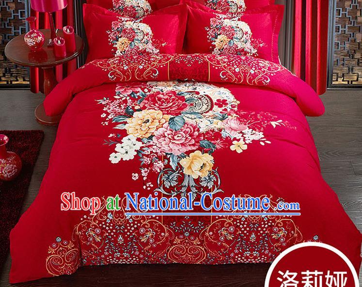 Traditional Chinese Wedding Red Qulit Cover Printing Bedding Sheet Four-piece Duvet Cover Textile Complete Set