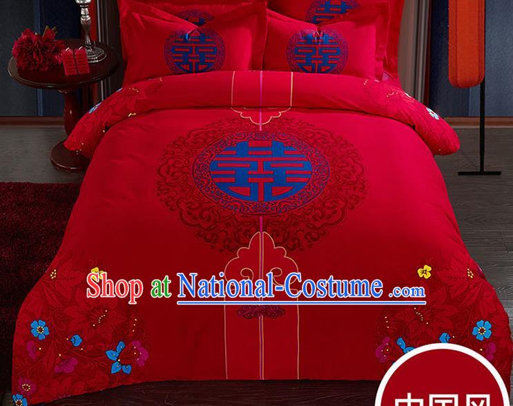 Traditional Chinese Wedding Red Qulit Cover Printing Bedding Sheet Four-piece Duvet Cover Textile Complete Set