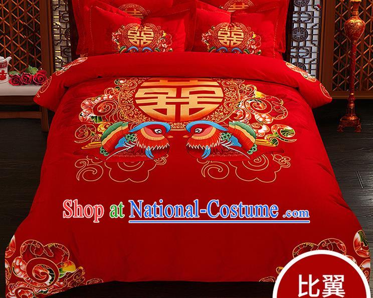 Traditional Chinese Wedding Red Qulit Cover Printing Mandarin Duck Bedding Sheet Four-piece Duvet Cover Textile Complete Set