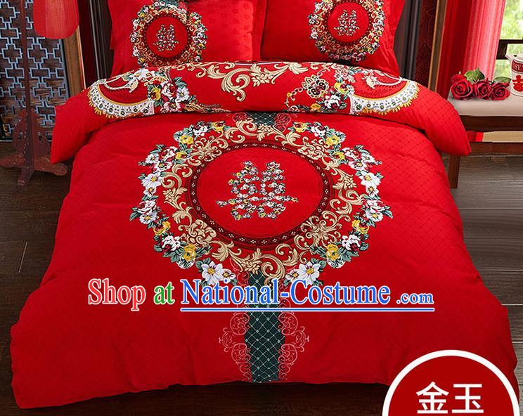 Traditional Chinese Wedding Red Qulit Cover Printing Flowers Bedding Sheet Four-piece Duvet Cover Textile Complete Set