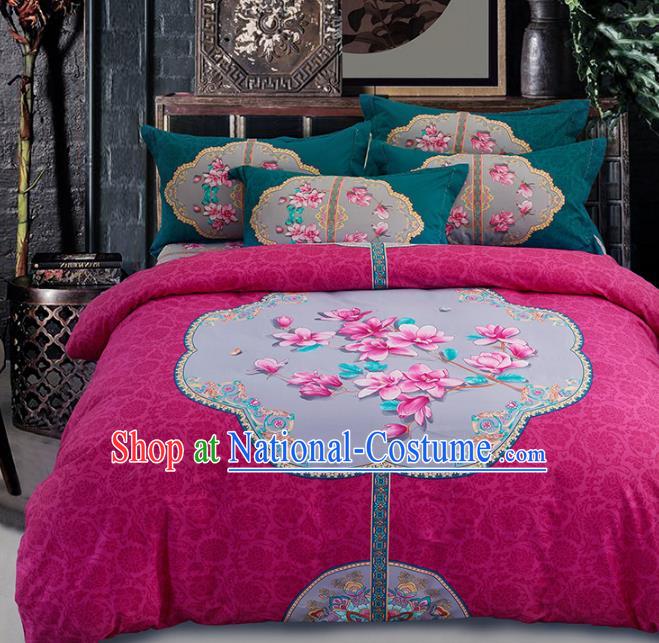 Traditional Chinese Wedding Pink Qulit Cover Printing Magnolia Flowers Bedding Sheet Four-piece Duvet Cover Textile Complete Set