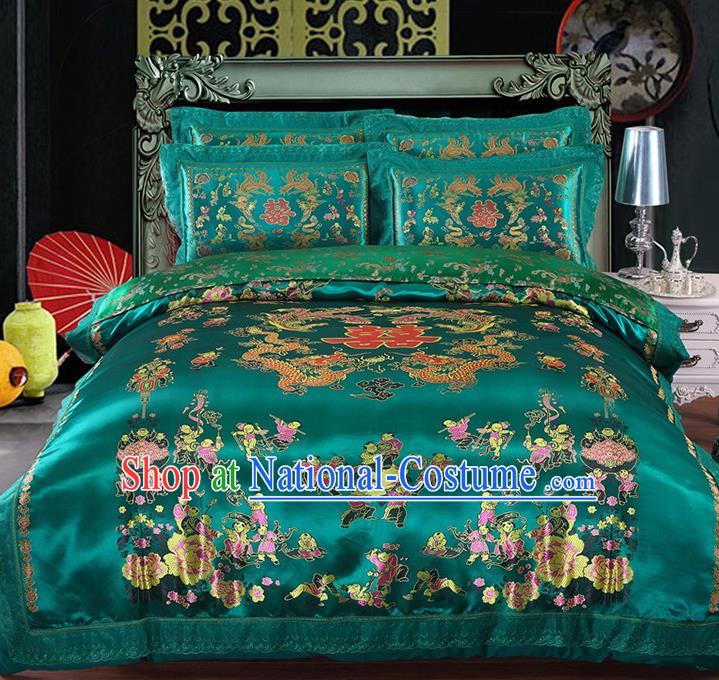 Traditional Asian Chinese Wedding Green Satin Qulit Cover Embroidered Hundred Children Bedding Sheet Four-piece Duvet Cover Textile Complete Set