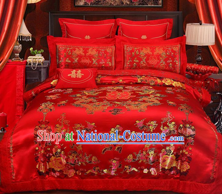 Traditional Chinese Wedding Red Satin Qulit Cover Embroidered Dragons Hundred Children Bedding Sheet Four-piece Duvet Cover Textile Complete Set