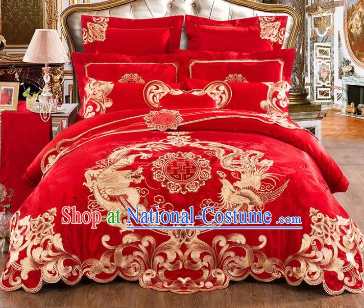 Traditional Chinese Wedding Red Satin Qulit Cover Bedding Sheet Embroidered Dragon Phoenix Eleven-piece Duvet Cover Textile Complete Set