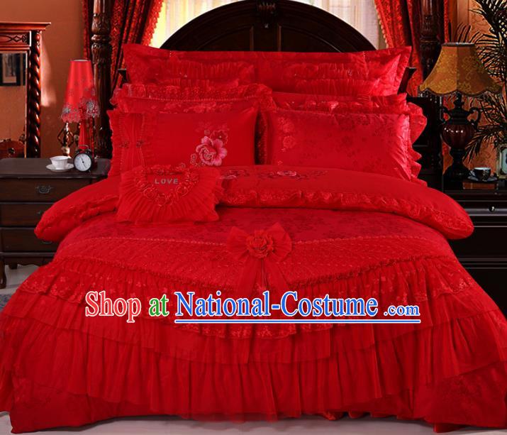 Traditional Chinese Wedding Red Lace Satin Qulit Cover Bedding Sheet Embroidered Ten-piece Duvet Cover Textile Complete Set