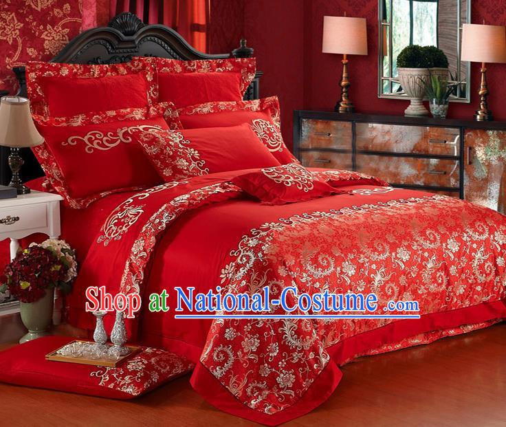 Traditional Chinese Wedding Red Qulit Cover Bedding Sheet Embroidered Ten-piece Duvet Cover Textile Complete Set