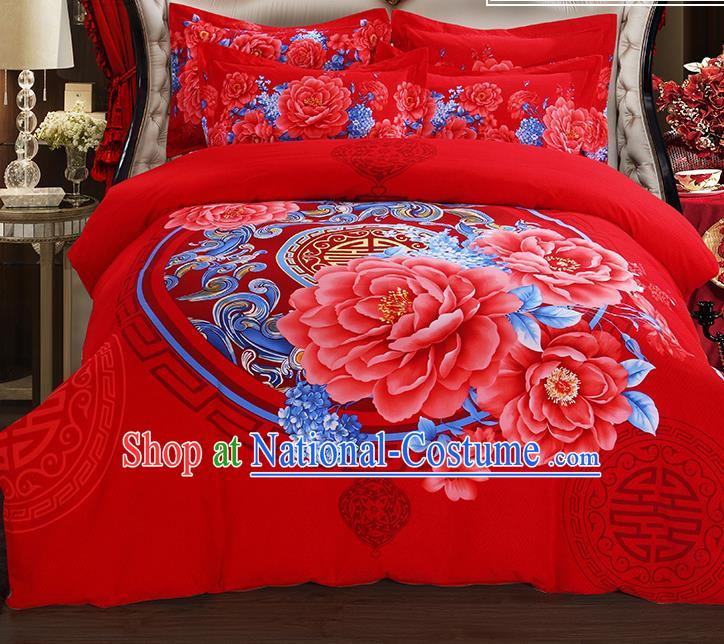 Traditional Chinese Wedding Red Printing Peony Qulit Cover Bedding Sheet Four-piece Duvet Cover Textile Complete Set