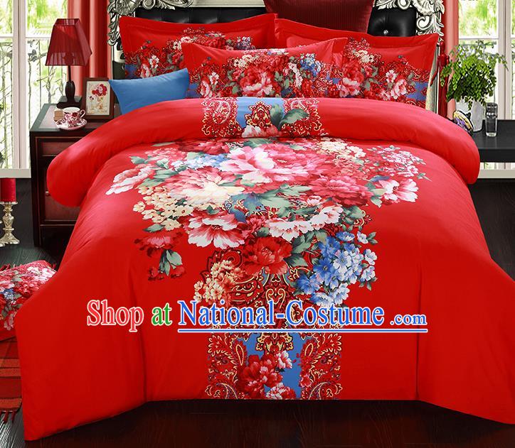 Traditional Chinese Wedding Red Printing Flowers Qulit Cover Bedding Sheet Four-piece Duvet Cover Textile Complete Set