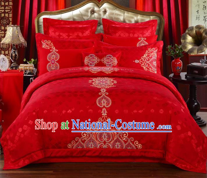 Traditional Chinese Wedding Red Satin Qulit Cover Bedding Sheet Embroidered Ten-piece Duvet Cover Textile Complete Set