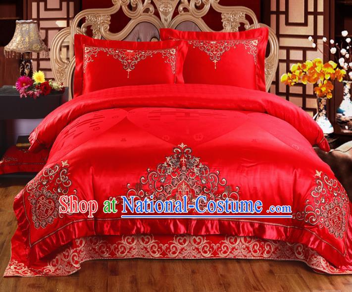 Traditional Chinese Style Wedding Bedding Article Embroidery Dragon and Phoenix Sheet and Duvet Cover Red Textile Bedding Suit