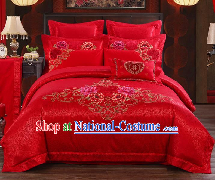 Traditional Chinese Wedding Red Satin Qulit Cover Bedding Sheet Embroidered Peony Ten-piece Duvet Cover Textile Complete Set