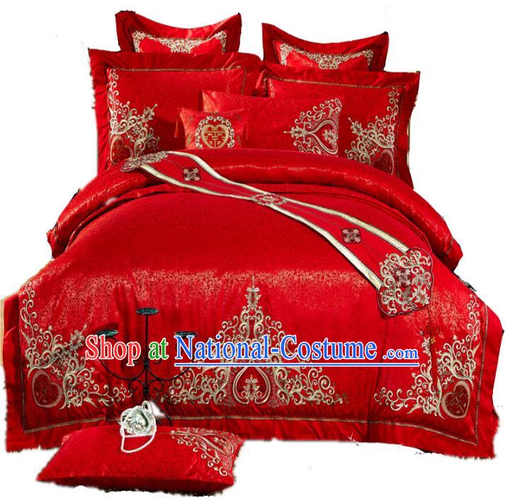 Traditional Chinese Wedding Red Satin Qulit Cover Bedding Sheet Embroidered Ten-piece Duvet Cover Textile Complete Set