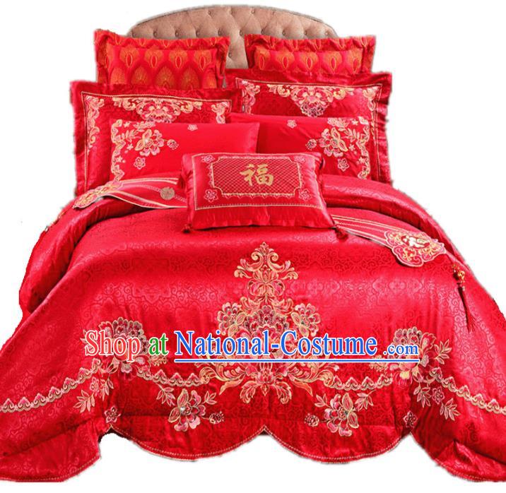 Traditional Chinese Wedding Red Satin Qulit Cover Bedding Sheet Embroidered Fu Character Ten-piece Duvet Cover Textile Complete Set