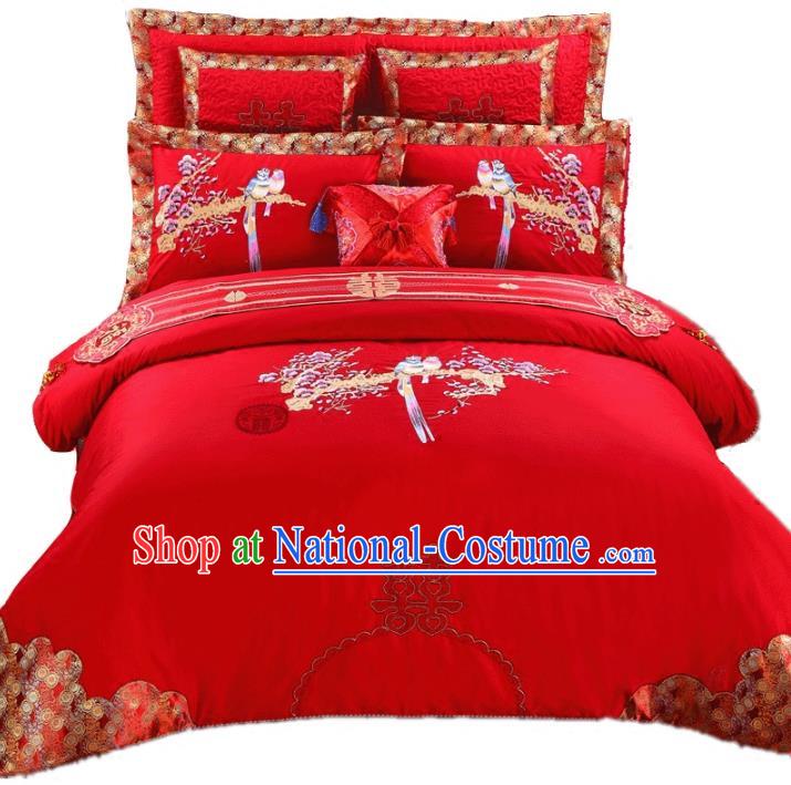 Traditional Chinese Wedding Red Qulit Cover Bedding Sheet Embroidered Magpie Ten-piece Duvet Cover Textile Complete Set