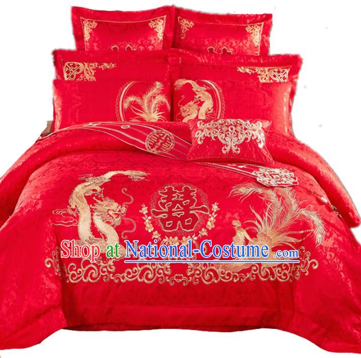 Traditional Chinese Wedding Red Satin Qulit Cover Bedding Sheet Embroidered Dragon Phoenix Eleven-piece Duvet Cover Textile Complete Set