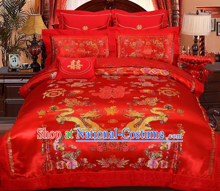 Traditional Chinese Wedding Red Satin Qulit Cover Embroidered Dragons Bedding Sheet Four-piece Duvet Cover Textile Complete Set