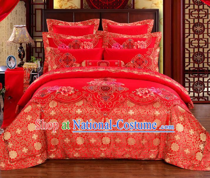 Traditional Chinese Wedding Red Satin Qulit Cover Bedding Sheet Embroidered Ten-piece Duvet Cover Textile Complete Set