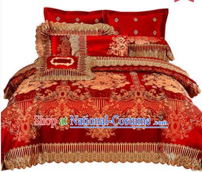 Traditional Asian Chinese Wedding Palace Lace Qulit Cover Bedding Sheet, Embroidered Satin Drill Ten-piece Duvet Cover Textile Bedding Suit