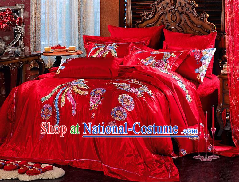 Traditional Asian Chinese Wedding Palace Lace Qulit Cover Bedding Sheet Embroidered Dragon Phoenix Ten-piece Duvet Cover Textile Bedding Suit