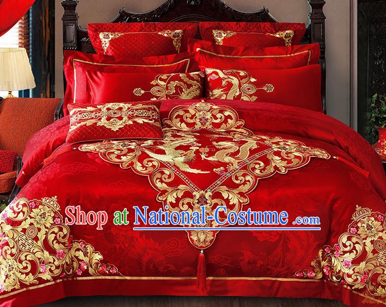 Traditional Asian Chinese Wedding Palace Qulit Cover Bedding Sheet Embroidered Dragon Phoenix Eleven-piece Duvet Cover Textile Bedding Suit