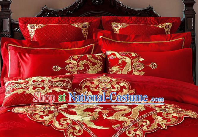 Traditional Chinese Style Wedding Bedding Article Embroidery Dragon and Phoenix Sheet and Duvet Cover Red Textile Bedding Suit