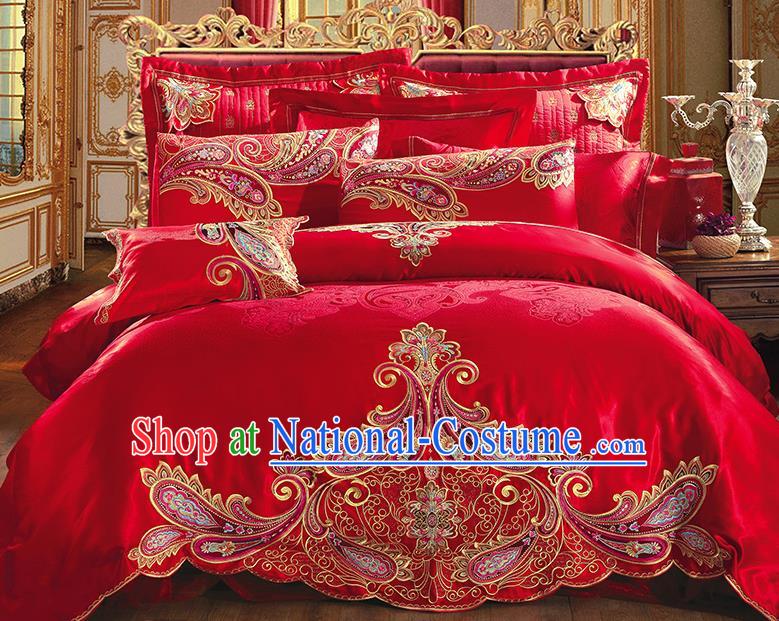 Traditional Asian Chinese Wedding Palace Qulit Cover Bedding Sheet Embroidered Ten-piece Duvet Cover Textile Bedding Suit