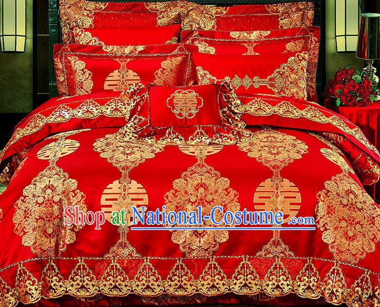 Traditional Asian Chinese Wedding Palace Qulit Cover Bedding Sheet Embroidered Ten-piece Duvet Cover Textile Bedding Suit