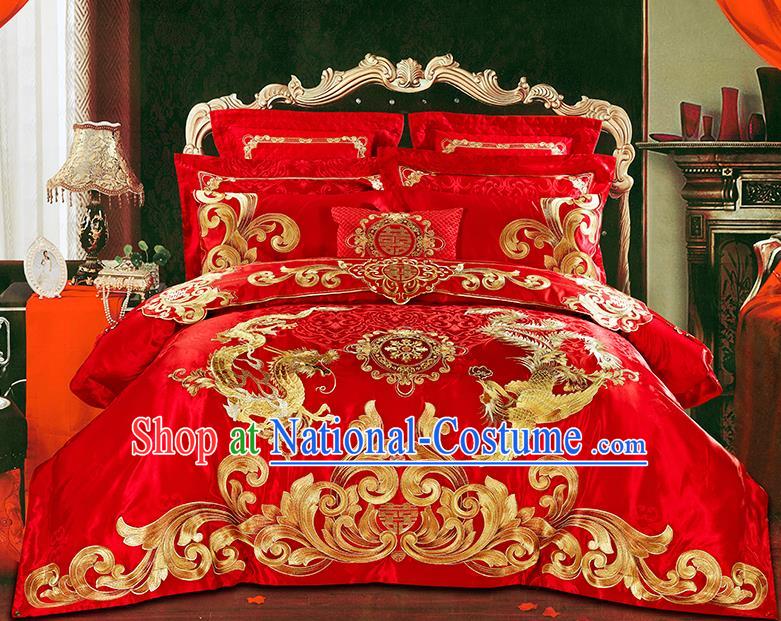 Traditional Asian Chinese Wedding Palace Qulit Cover Bedding Sheet Embroidered Eleven-piece Duvet Cover Textile Complete Set