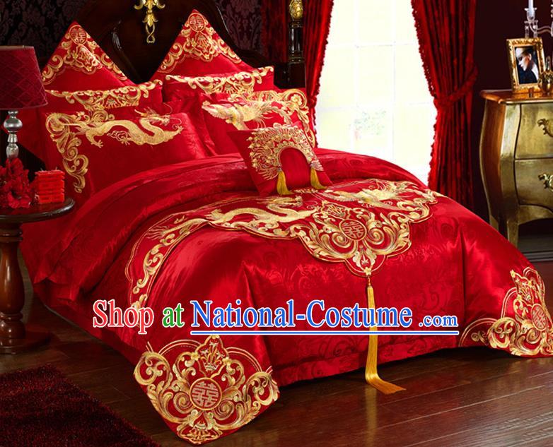 Traditional Asian Chinese Wedding Palace Qulit Cover Bedding Sheet Embroidered Dragon Phoenix Eleven-piece Duvet Cover Textile Complete Set