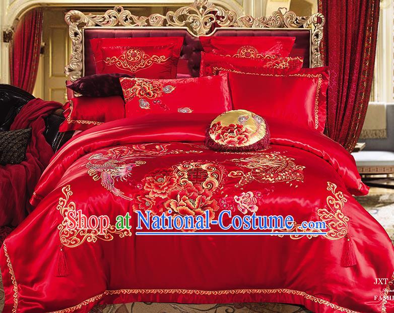 Traditional Asian Chinese Wedding Palace Qulit Cover Bedding Sheet Embroidered Peony Phoenix Ten-piece Duvet Cover Textile Complete Set