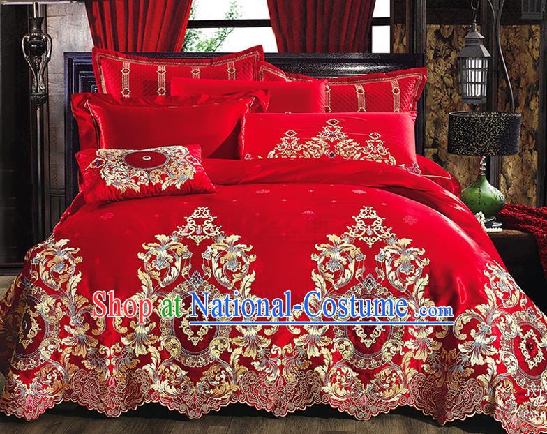 Traditional Asian Chinese Wedding Palace Qulit Cover Bedding Sheet Embroidered Ten-piece Duvet Cover Textile Complete Set