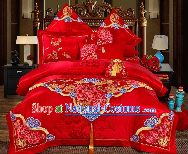 Traditional Asian Chinese Wedding Palace Qulit Cover Bedding Sheet Embroidered Peony Eleven-piece Duvet Cover Textile Complete Set